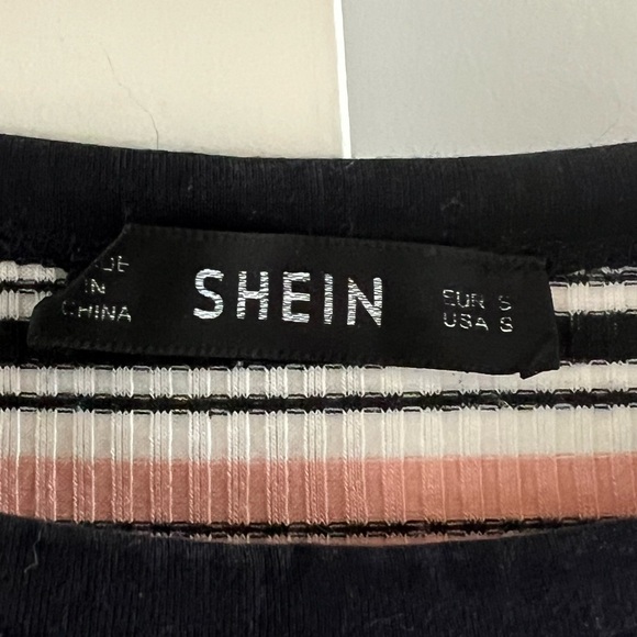 SHEIN Women’s Pink, Black & White Striped Rib Knit Cropped Tee Size Small - Picture 4 of 5